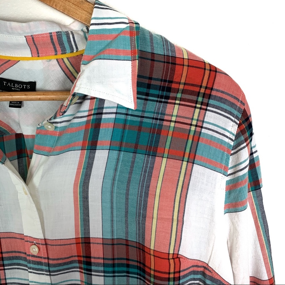 Talbots Turquoise Plaid Button Up Blouse Petite - Picture 3 of 7